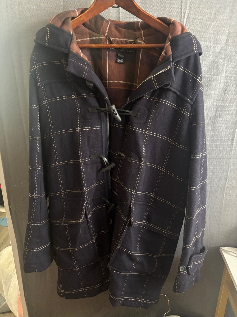 Marc by Marc Jacobs Navy Windowpane Toggle Peacoat with Brown Hood Lining